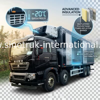 Consumo de baixa energia de 40 toneladas congelado 8×4 do caminhão de entrega dos alimentos de HOWO T5G LHD