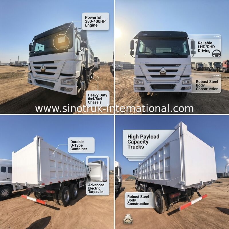 Caminhão de descarga de 375 cavalos de potência com capacidade de carga de 40-50 toneladas e comprimento de caixa de carga de 7300 mm