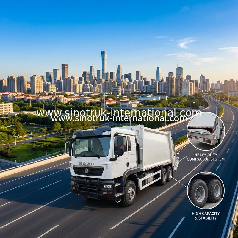 Caminhão de lixo de compressão de grande volume de 18 m3 com motor de 371 CV e pneus pesados para gestão eficiente de resíduos