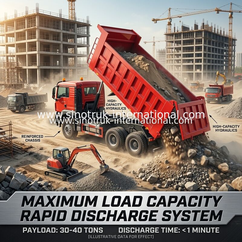 Caminhão Basculante HOWO TX 6×4 de Alta Eficiência | Carroceria Vermelha, Motor de 400HP, Contêiner de 20CBM, Transporte Pesado de 60 Toneladas